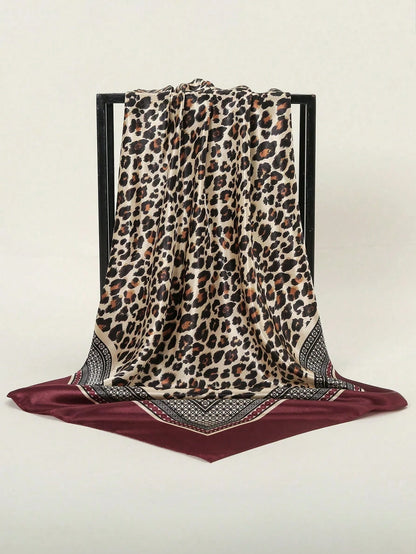 1pc Women's 90CM Fashion Scarf With Leopard Print, Satin Square Bandana Headscarf, Spring/Summer