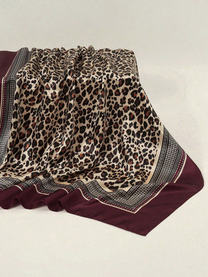 1pc Women's 90CM Fashion Scarf With Leopard Print, Satin Square Bandana Headscarf, Spring/Summer