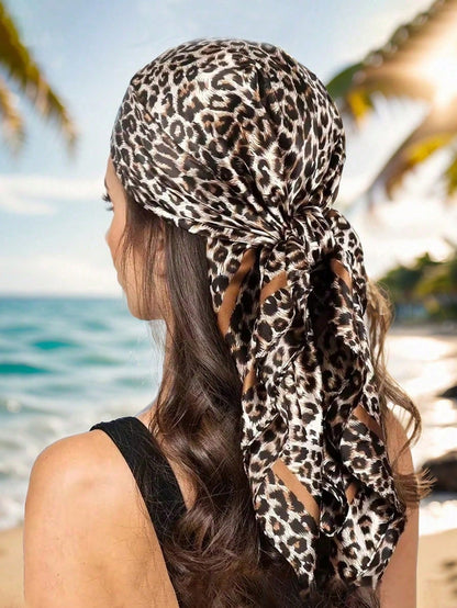 1pc Women's 90CM Fashion Scarf With Leopard Print, Satin Square Bandana Headscarf, Spring/Summer