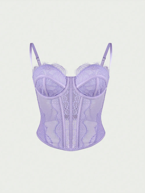 1pc Women's Fashionable Lace Trim Tight Fitting Bustier Crop Top, Sexy Bodycon Camisole Top Corset Top, Suitable For Party, Travel, Gathering, Ch