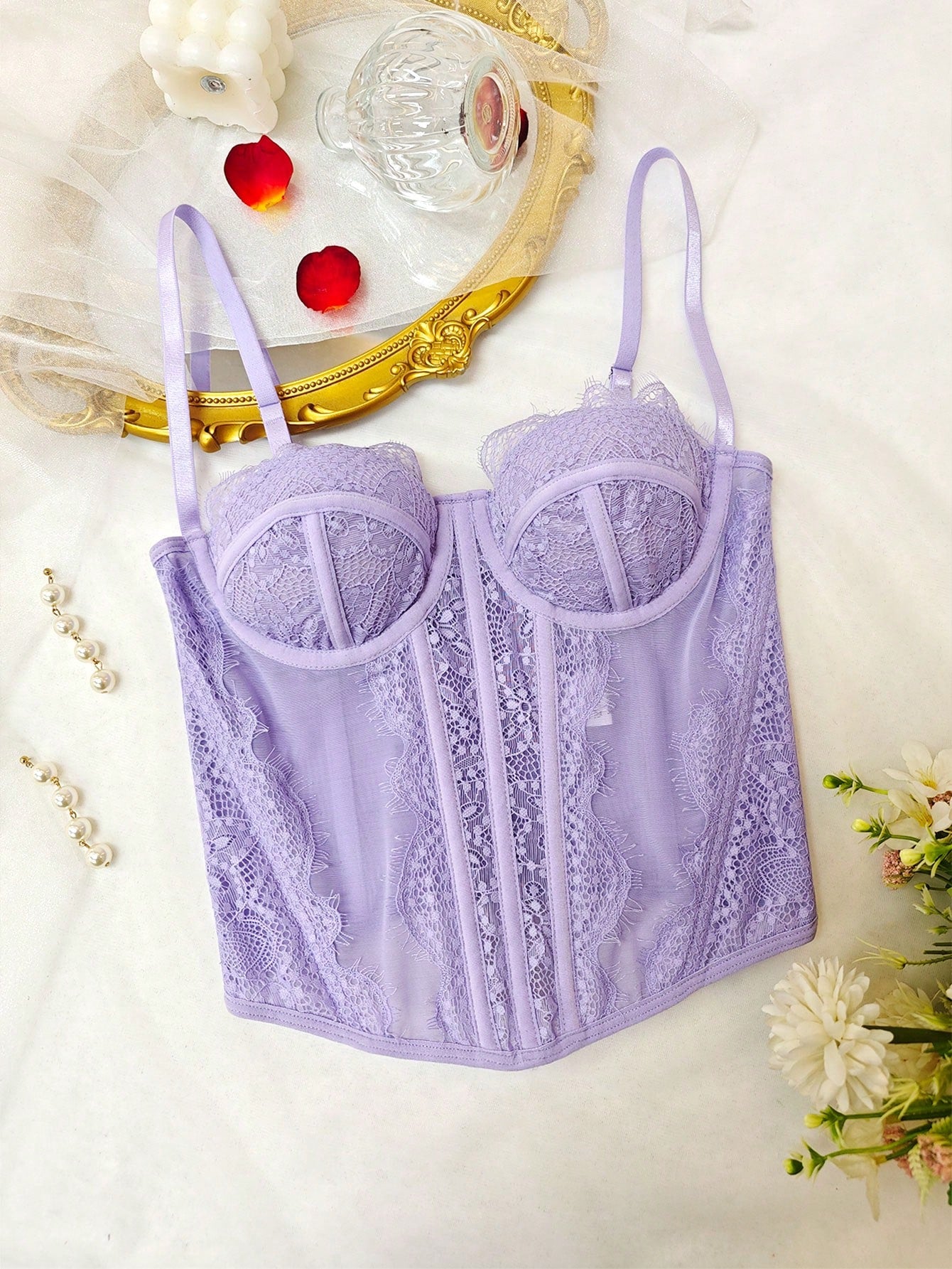 1pc Women's Fashionable Lace Trim Tight Fitting Bustier Crop Top, Sexy Bodycon Camisole Top Corset Top, Suitable For Party, Travel, Gathering, Ch