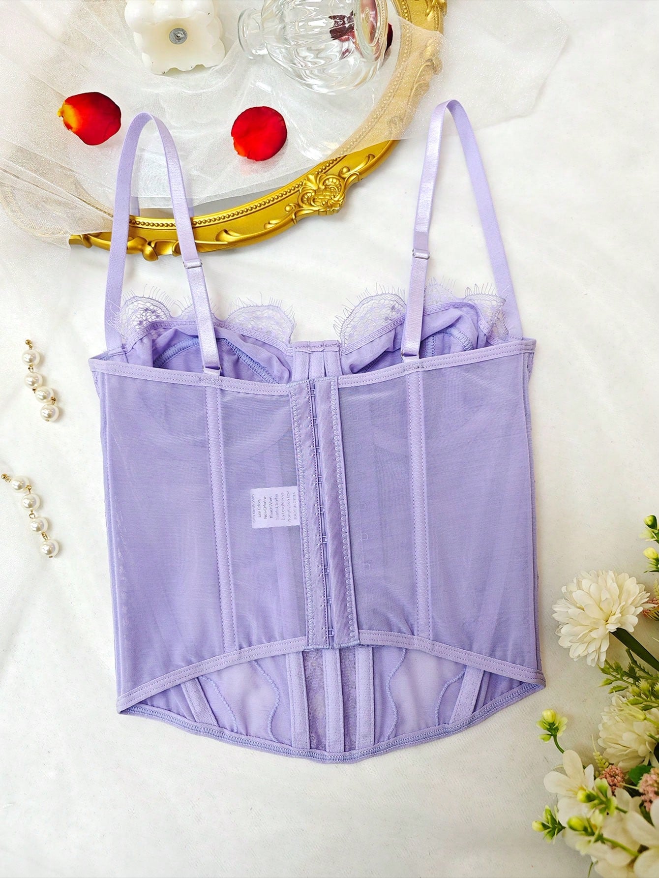 1pc Women's Fashionable Lace Trim Tight Fitting Bustier Crop Top, Sexy Bodycon Camisole Top Corset Top, Suitable For Party, Travel, Gathering, Ch
