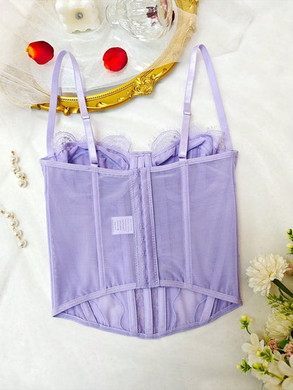 1pc Women's Fashionable Lace Trim Tight Fitting Bustier Crop Top, Sexy Bodycon Camisole Top Corset Top, Suitable For Party, Travel, Gathering, Ch