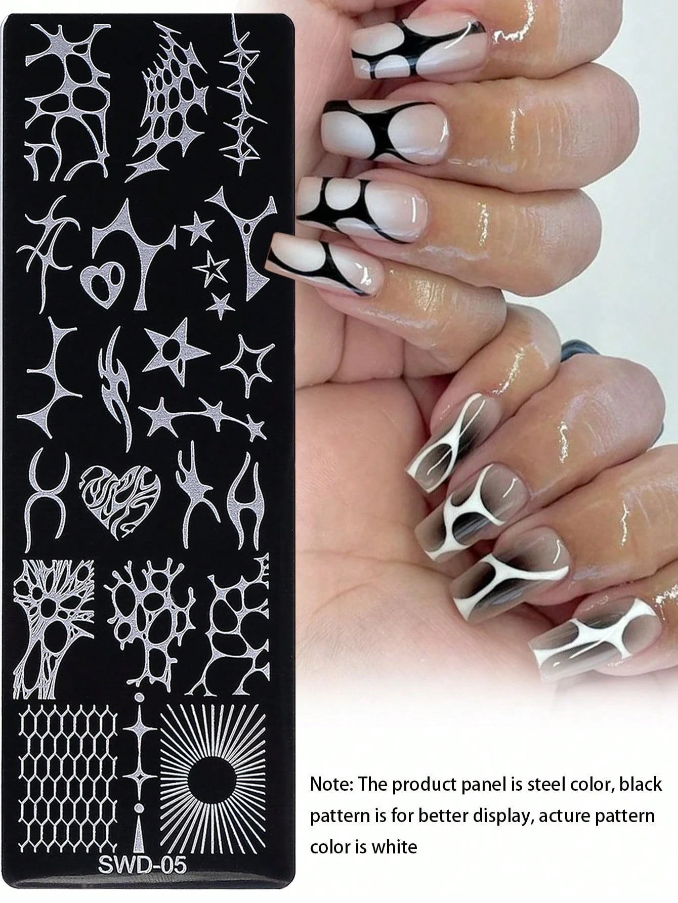 1pc Y2K Punk Style Nail Stamping Plate, Stainless Steel Nail Art Template With Abstract Flame, Star, Heart, Honeycomb, Sunburst Patterns, Dark Punk Aesthetic, Suitable For DIY Manicure On Black & Whit