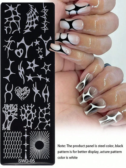 1pc Y2K Punk Style Nail Stamping Plate, Stainless Steel Nail Art Template With Abstract Flame, Star, Heart, Honeycomb, Sunburst Patterns, Dark Punk Aesthetic, Suitable For DIY Manicure On Black & Whit