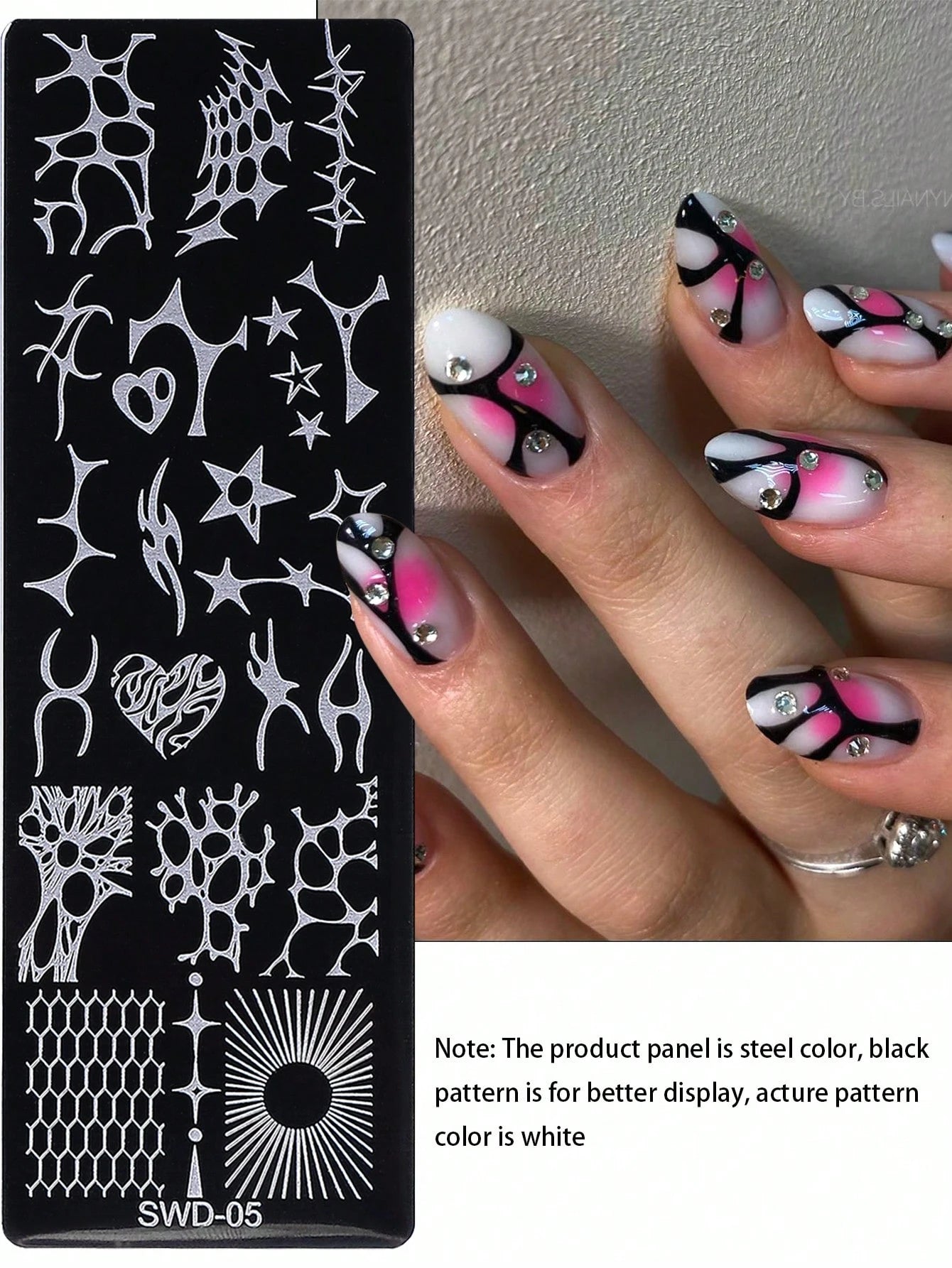 1pc Y2K Punk Style Nail Stamping Plate, Stainless Steel Nail Art Template With Abstract Flame, Star, Heart, Honeycomb, Sunburst Patterns, Dark Punk Aesthetic, Suitable For DIY Manicure On Black & Whit