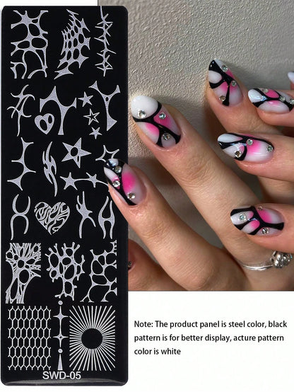 1pc Y2K Punk Style Nail Stamping Plate, Stainless Steel Nail Art Template With Abstract Flame, Star, Heart, Honeycomb, Sunburst Patterns, Dark Punk Aesthetic, Suitable For DIY Manicure On Black & Whit