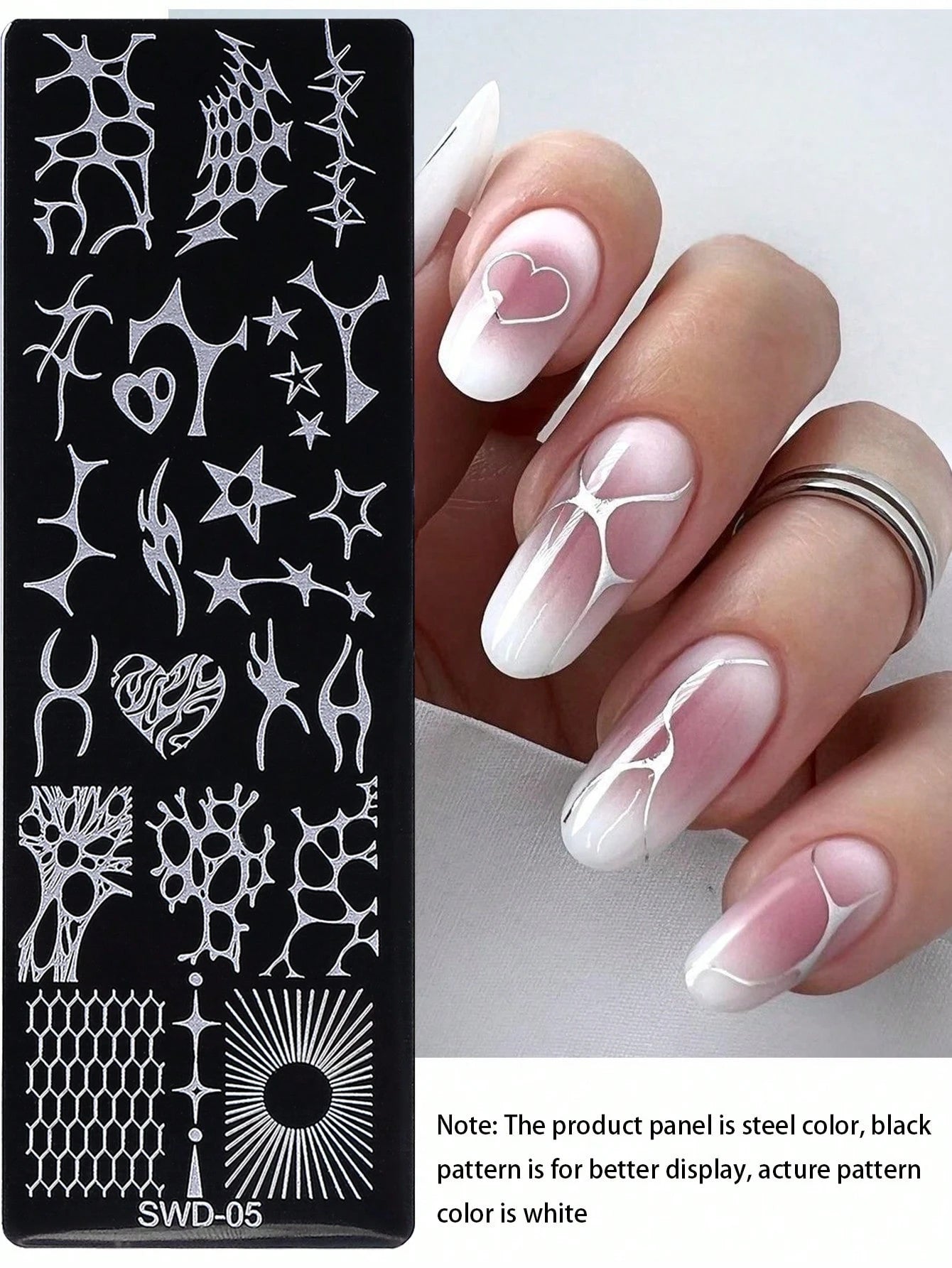 1pc Y2K Punk Style Nail Stamping Plate, Stainless Steel Nail Art Template With Abstract Flame, Star, Heart, Honeycomb, Sunburst Patterns, Dark Punk Aesthetic, Suitable For DIY Manicure On Black & Whit