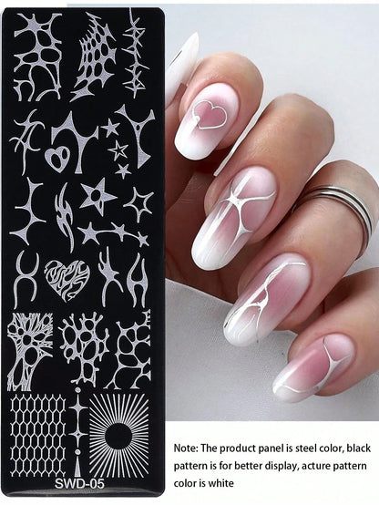 1pc Y2K Punk Style Nail Stamping Plate, Stainless Steel Nail Art Template With Abstract Flame, Star, Heart, Honeycomb, Sunburst Patterns, Dark Punk Aesthetic, Suitable For DIY Manicure On Black & Whit