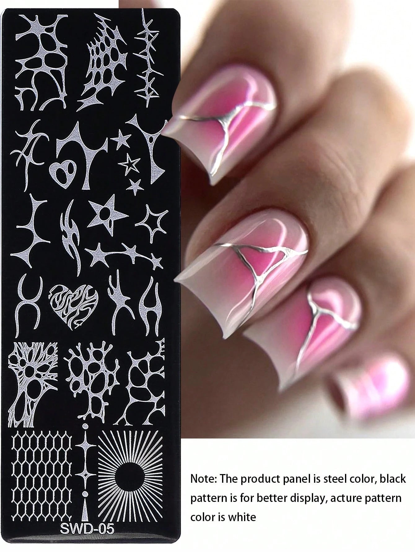 1pc Y2K Punk Style Nail Stamping Plate, Stainless Steel Nail Art Template With Abstract Flame, Star, Heart, Honeycomb, Sunburst Patterns, Dark Punk Aesthetic, Suitable For DIY Manicure On Black & Whit