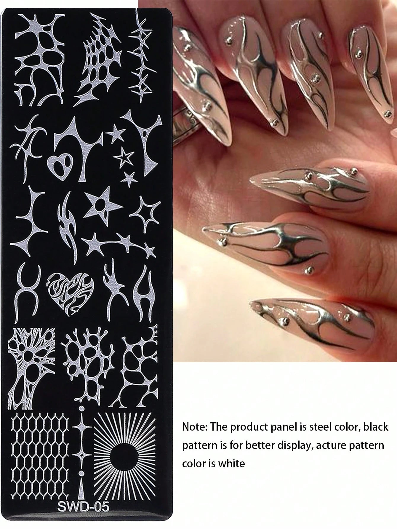 1pc Y2K Punk Style Nail Stamping Plate, Stainless Steel Nail Art Template With Abstract Flame, Star, Heart, Honeycomb, Sunburst Patterns, Dark Punk Aesthetic, Suitable For DIY Manicure On Black & Whit