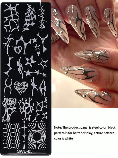 1pc Y2K Punk Style Nail Stamping Plate, Stainless Steel Nail Art Template With Abstract Flame, Star, Heart, Honeycomb, Sunburst Patterns, Dark Punk Aesthetic, Suitable For DIY Manicure On Black & Whit