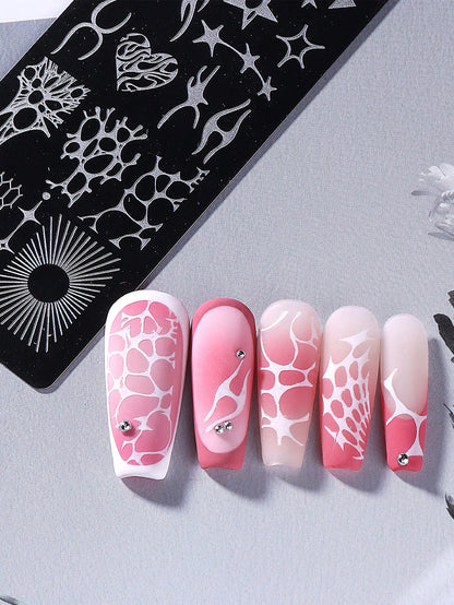 1pc Y2K Punk Style Nail Stamping Plate, Stainless Steel Nail Art Template With Abstract Flame, Star, Heart, Honeycomb, Sunburst Patterns, Dark Punk Aesthetic, Suitable For DIY Manicure On Black & Whit
