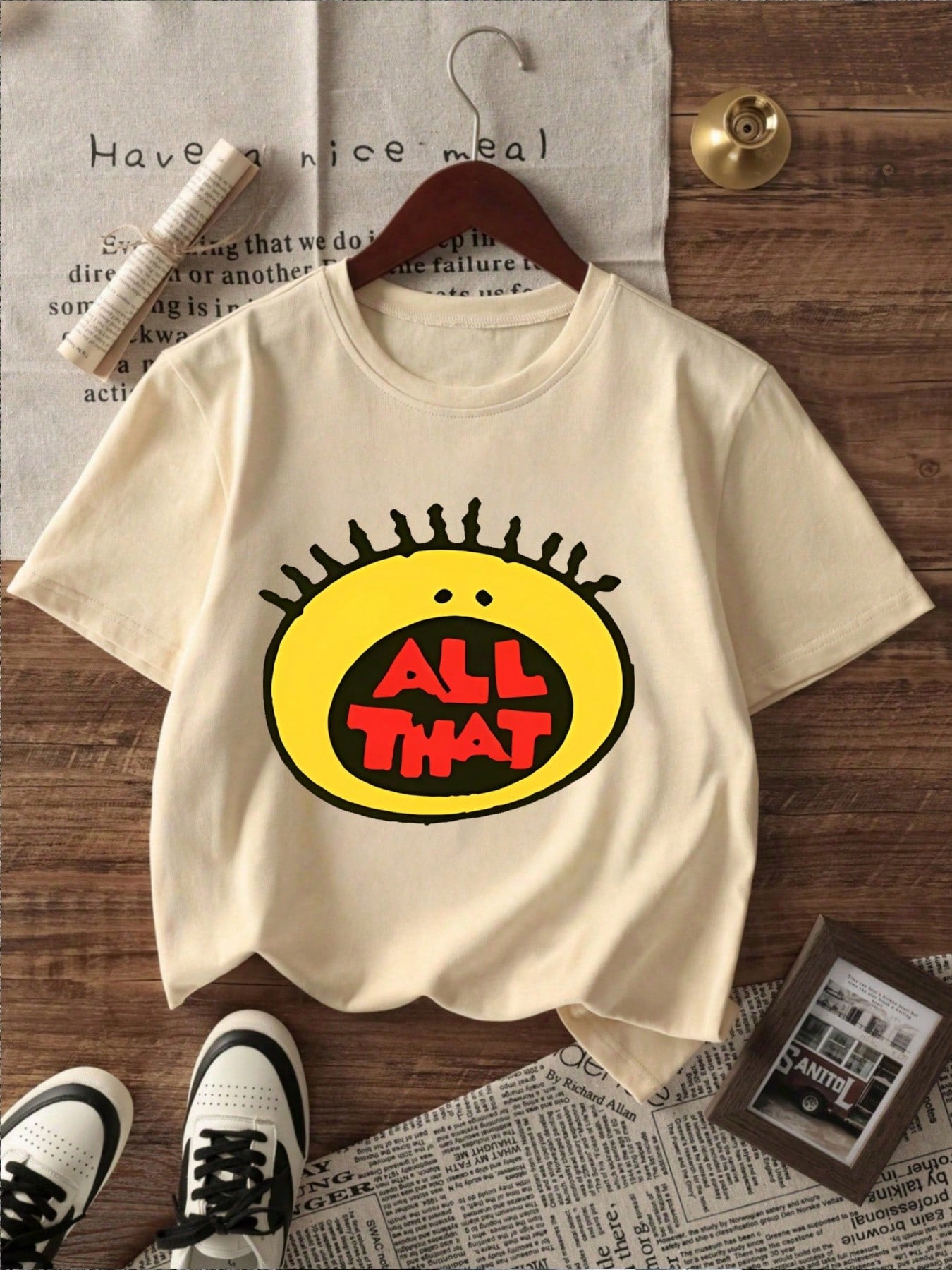 1Pcs Yellow Cartoon Letters 100% Cotton Short-Sleeved T-Shirt 220g