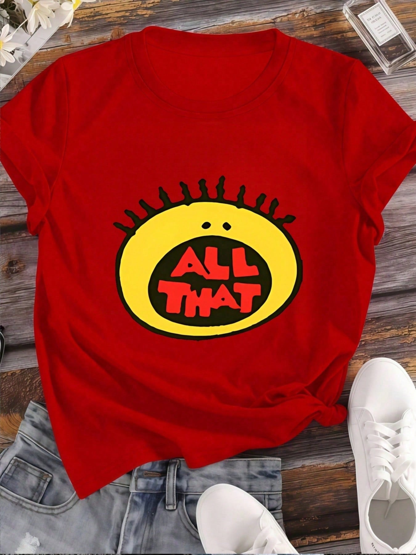 1Pcs Yellow Cartoon Letters 100% Cotton Short-Sleeved T-Shirt 220g