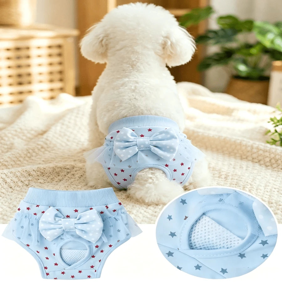 1pcsWashable Dog Period Panties For Small Dogs Female, Cute Cartoon Physiological Panties With Lace Trim & Bow, Leak-Proof Reusable Sanitary Pants For Heat Cycle, Incontinence, Puppy Training
