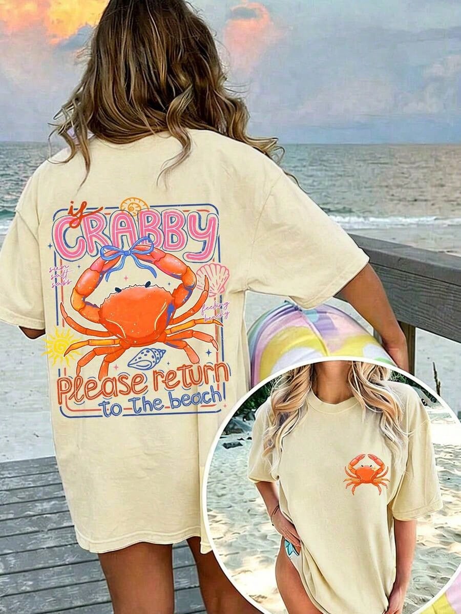 1pcsWomen's If Crabby Please Return To The Beach Salty Graphic T-Shirt 100% Cotton Double-Sided Print Oversized Casual Summer Tops| Summer Clothes