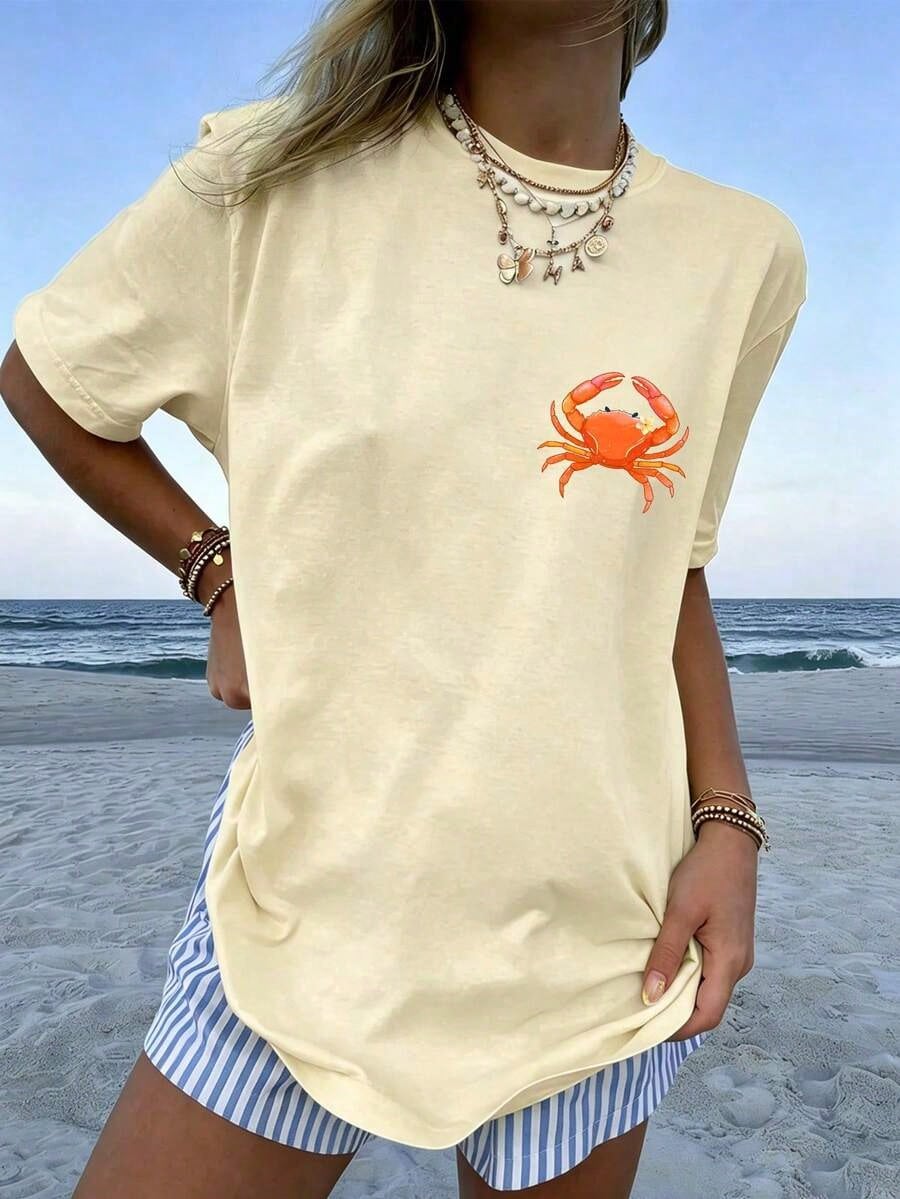 1pcsWomen's If Crabby Please Return To The Beach Salty Graphic T-Shirt 100% Cotton Double-Sided Print Oversized Casual Summer Tops| Summer Clothes