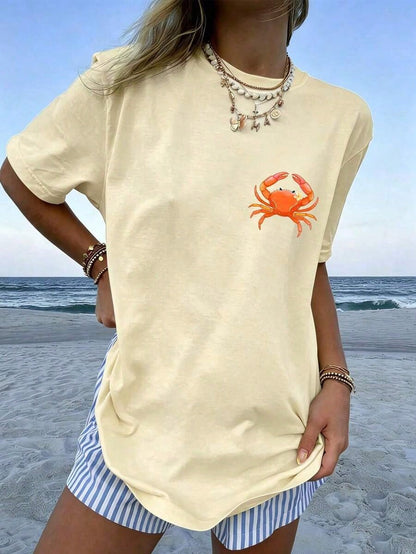 1pcsWomen's If Crabby Please Return To The Beach Salty Graphic T-Shirt 100% Cotton Double-Sided Print Oversized Casual Summer Tops| Summer Clothes