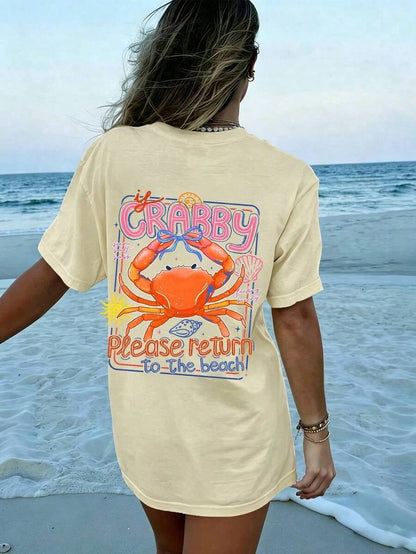 1pcsWomen's If Crabby Please Return To The Beach Salty Graphic T-Shirt 100% Cotton Double-Sided Print Oversized Casual Summer Tops| Summer Clothes
