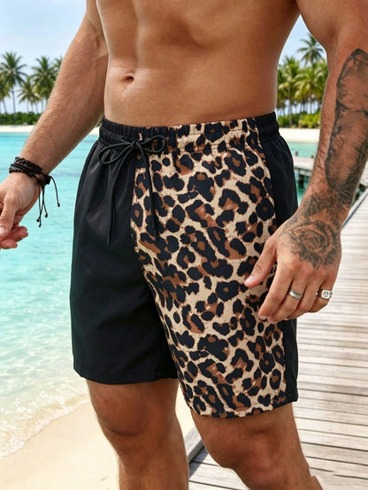 1piece S-3XLMen's Beach Shorts Black And Leopard Print Quick Dry Swim Trunks With Drawstring Summer Beachwear For Pool Party Vacation Surfing Swimming