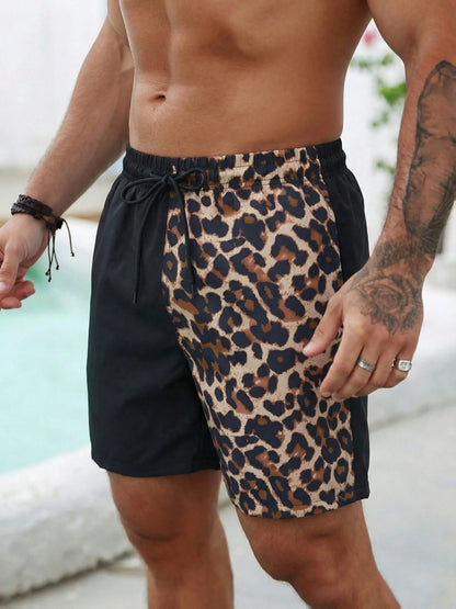 1piece S-3XLMen's Beach Shorts Black And Leopard Print Quick Dry Swim Trunks With Drawstring Summer Beachwear For Pool Party Vacation Surfing Swimming