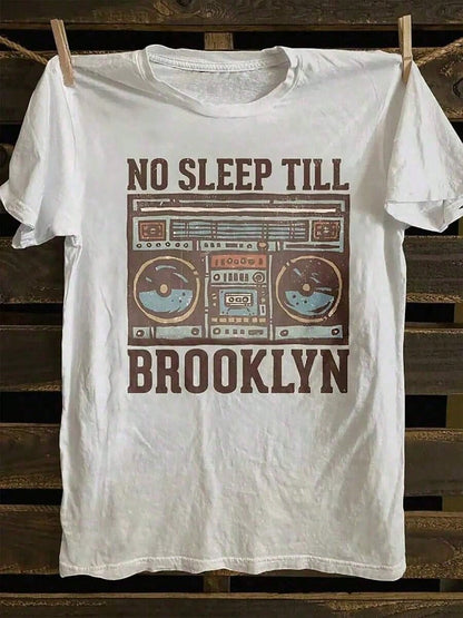 [2.2k+ Sold]Men's Vintage Punk Rock Graphic-Shirt- NO SLEEP TILL BROOKLYN Retro Boombox Design, Soft% Cotton, Casual & Comfortable Fit, White