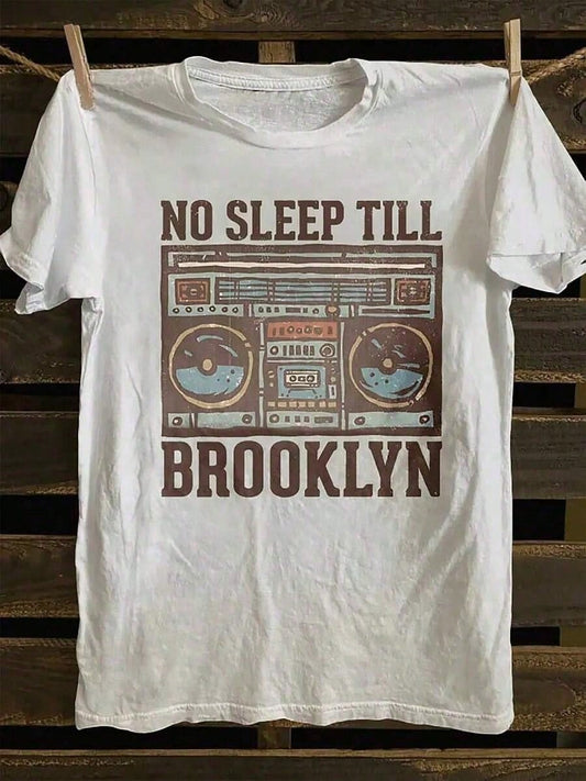 [2.2k+ Sold]Men's Vintage Punk Rock Graphic-Shirt- NO SLEEP TILL BROOKLYN Retro Boombox Design, Soft% Cotton, Casual & Comfortable Fit, White