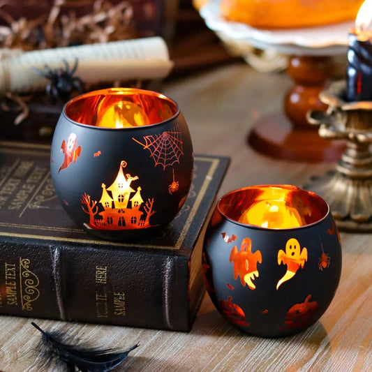 2 Gothic Style Halloween Candlesticks, Halloween Castle Spider Ghost Bat Pumpkin Design Glass Decorations, Ghost Atmosphere Layout Props Halloween Gifts