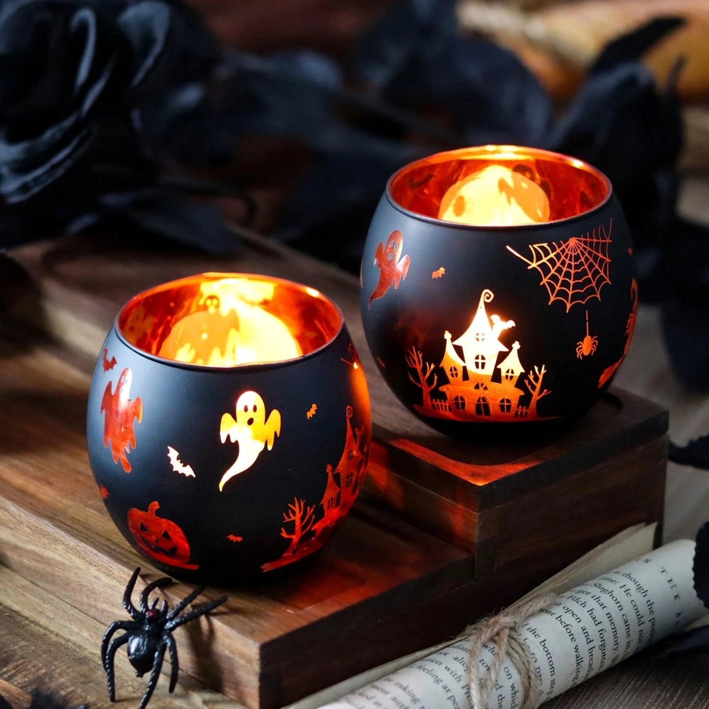 2 Gothic Style Halloween Candlesticks, Halloween Castle Spider Ghost Bat Pumpkin Design Glass Decorations, Ghost Atmosphere Layout Props Halloween Gifts