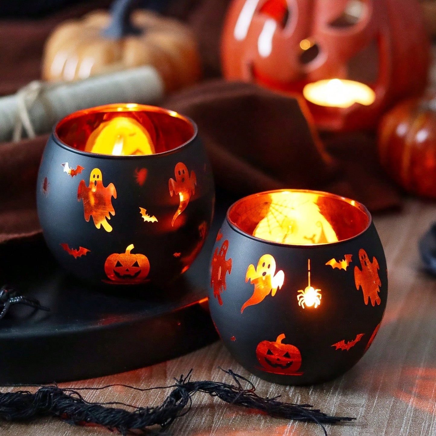 2 Gothic Style Halloween Candlesticks, Halloween Castle Spider Ghost Bat Pumpkin Design Glass Decorations, Ghost Atmosphere Layout Props Halloween Gifts