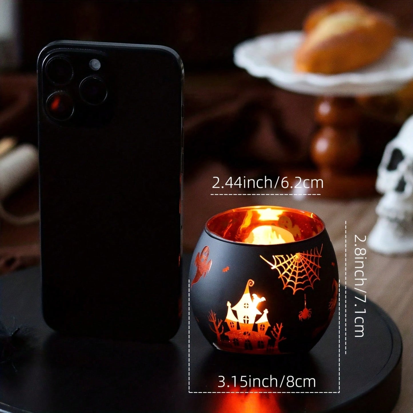 2 Gothic Style Halloween Candlesticks, Halloween Castle Spider Ghost Bat Pumpkin Design Glass Decorations, Ghost Atmosphere Layout Props Halloween Gifts