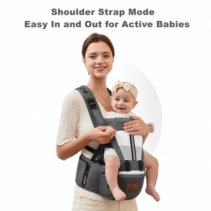 2-In-1 Ergonomic Baby Carrier With Hip Seat, Breathable Mesh Infant Carrier With Storage Pockets, Light Grey, Adjustable Toddler Carrier For Newbornt