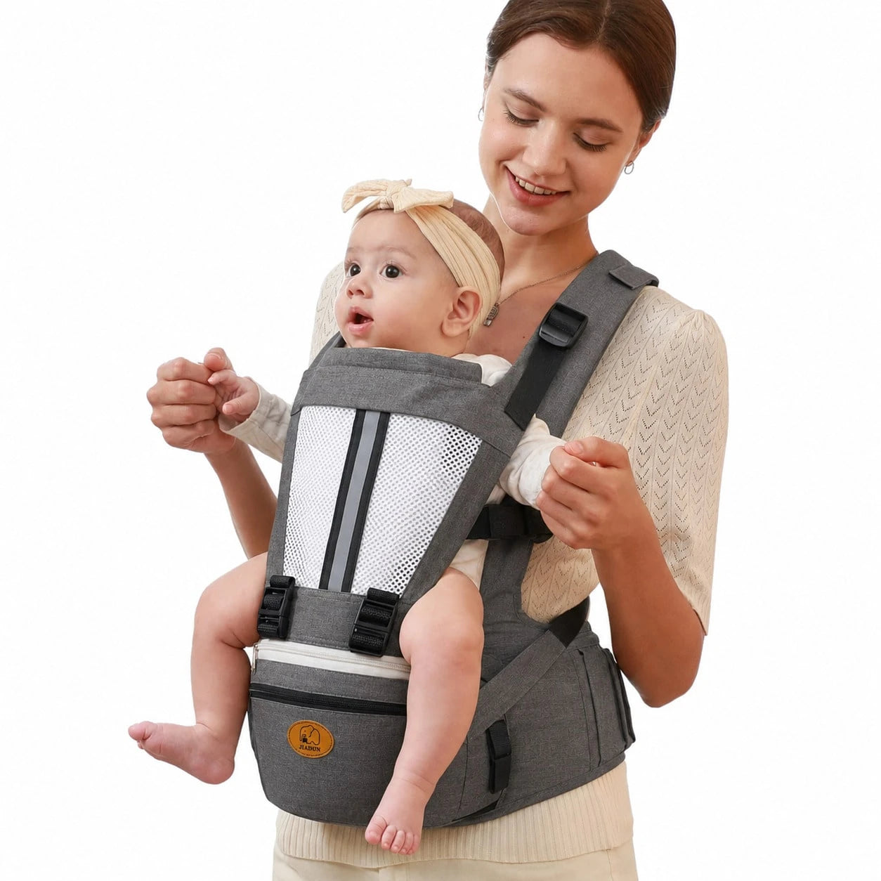 2-In-1 Ergonomic Baby Carrier With Hip Seat, Breathable Mesh Infant Carrier With Storage Pockets, Light Grey, Adjustable Toddler Carrier For Newbornt