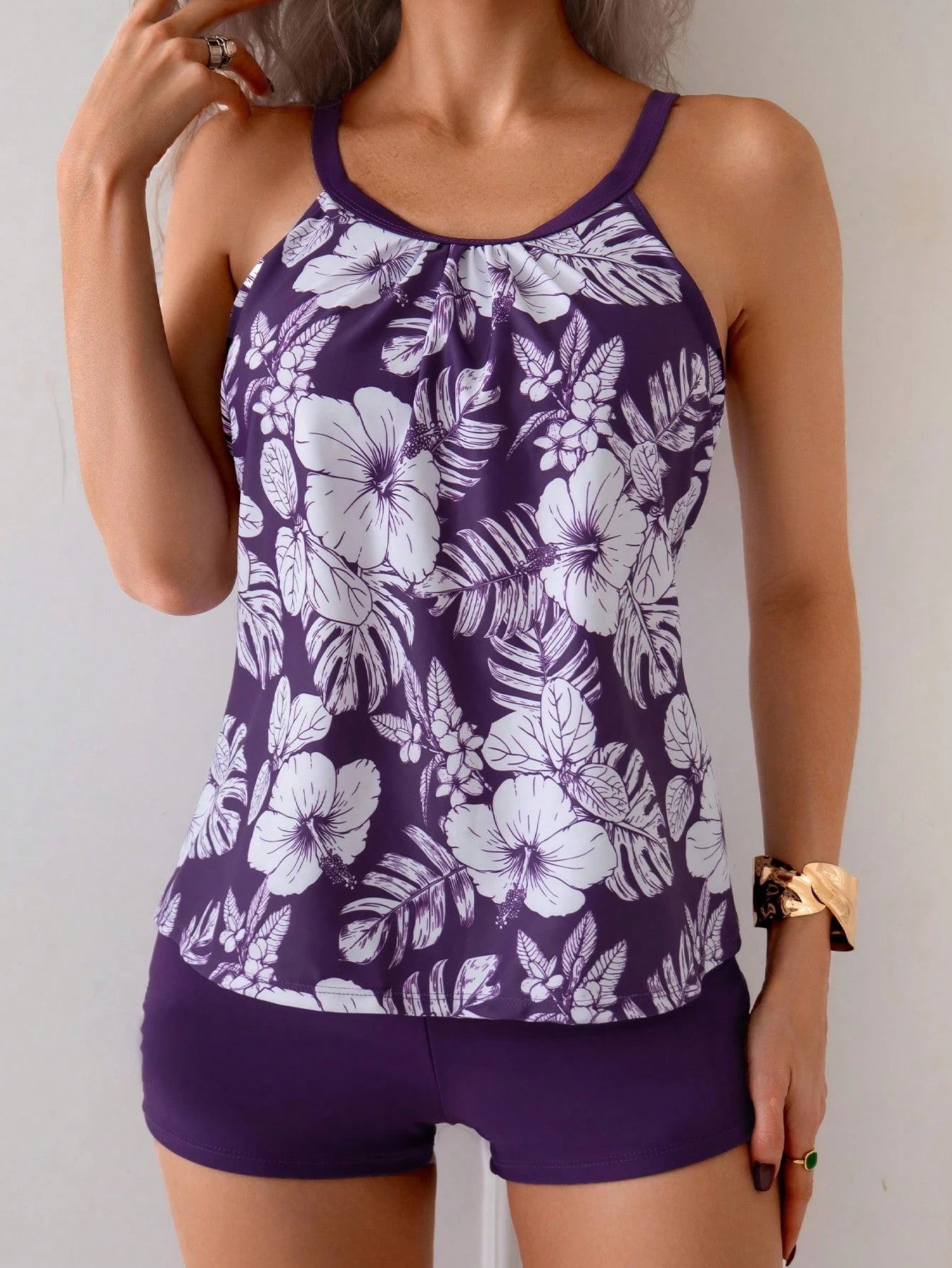 2 Pcs Floral Print Tankini Top And Board Shorts Swimwear Athletic Set, For Summer Beach Vacation
