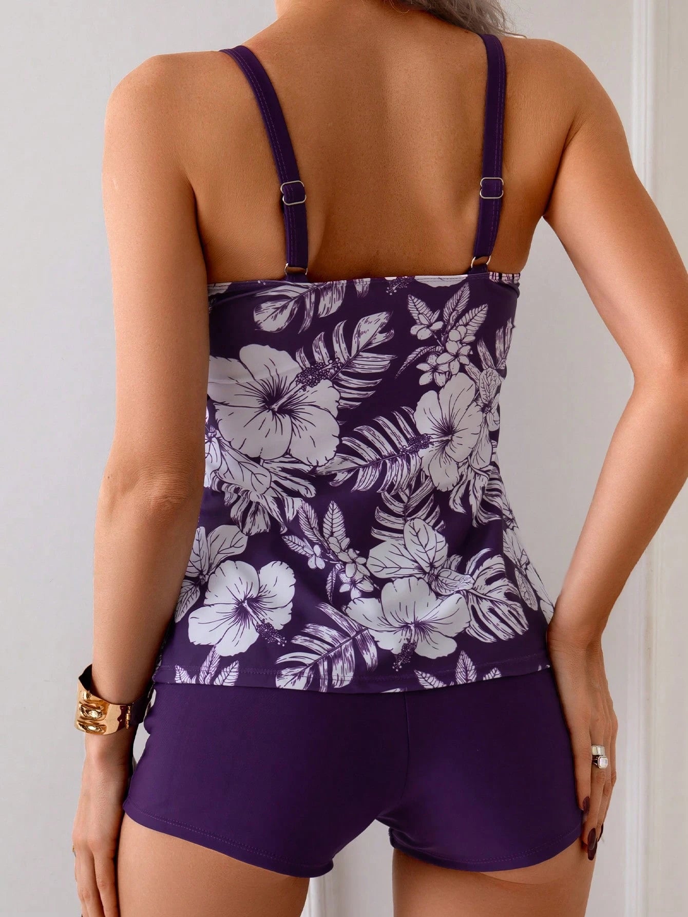 2 Pcs Floral Print Tankini Top And Board Shorts Swimwear Athletic Set, For Summer Beach Vacation