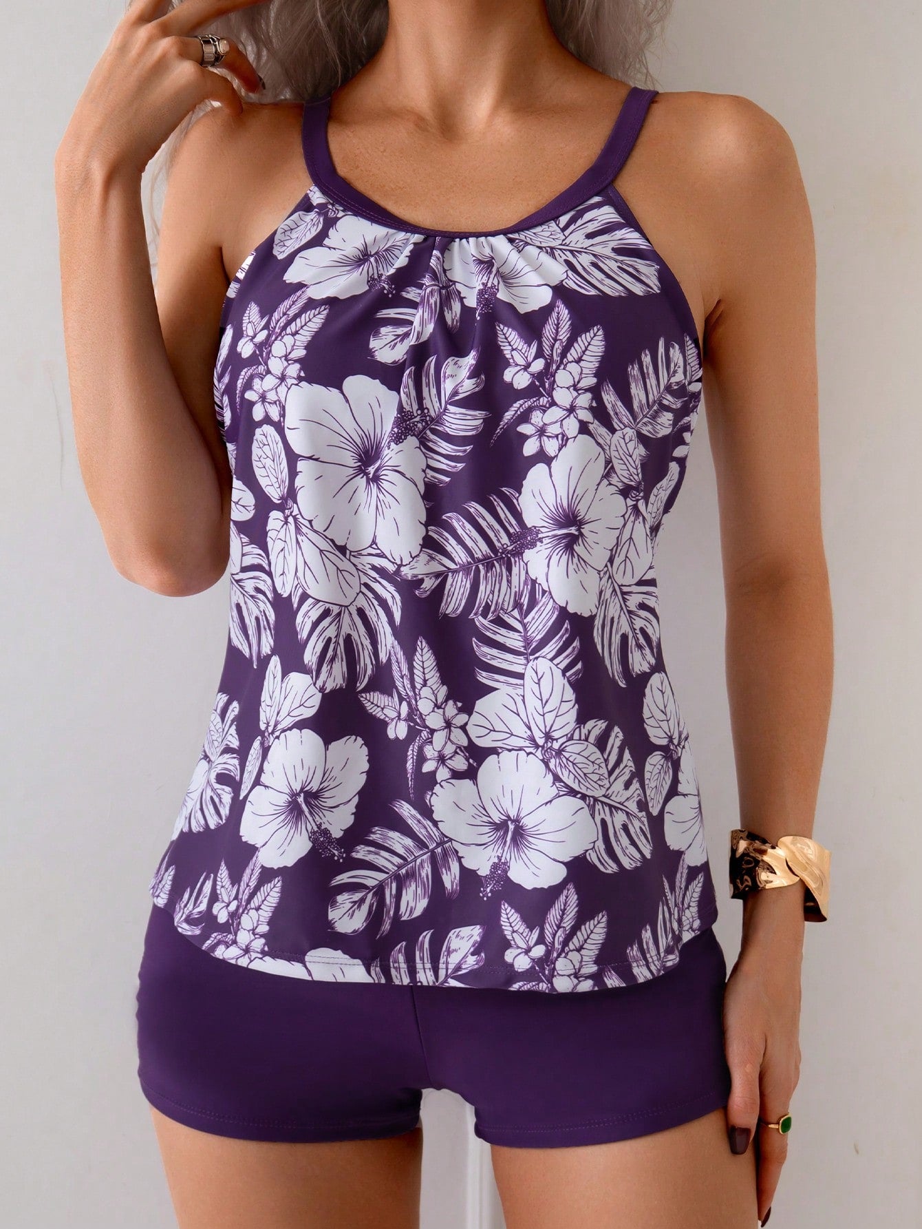 2 Pcs Floral Print Tankini Top And Board Shorts Swimwear Athletic Set, For Summer Beach Vacation