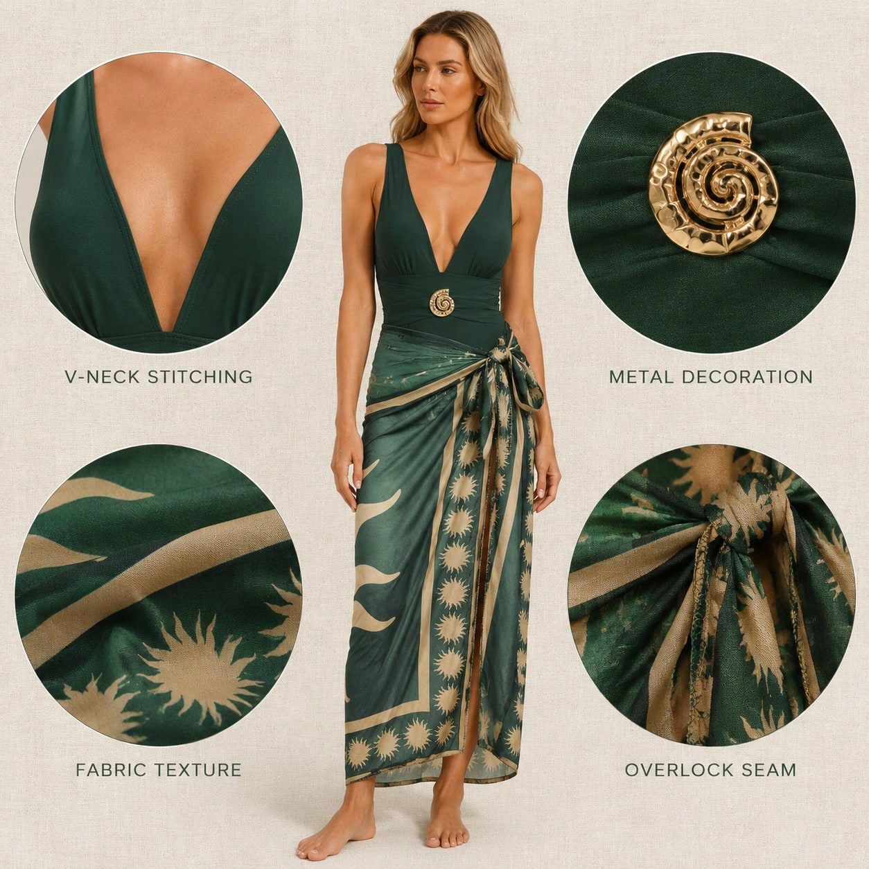 2 Piece Swimsuit Set Deep V Waist Hardware Accent Vintage Sun Print Maxi Wrap Cover Up Resort Beachwear