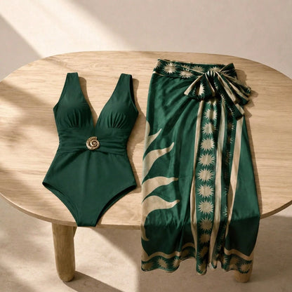 2 Piece Swimsuit Set Deep V Waist Hardware Accent Vintage Sun Print Maxi Wrap Cover Up Resort Beachwear