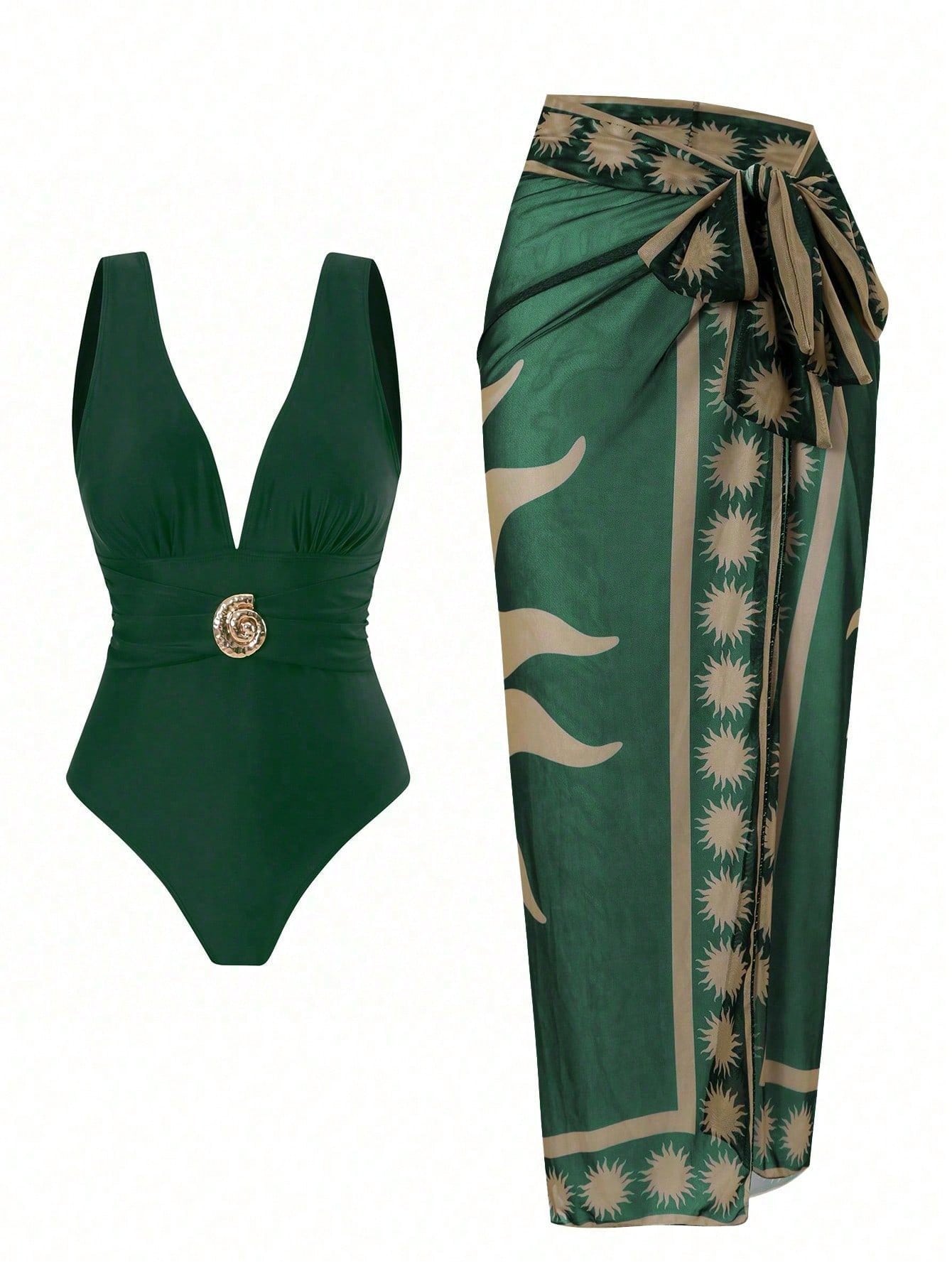 2 Piece Swimsuit Set Deep V Waist Hardware Accent Vintage Sun Print Maxi Wrap Cover Up Resort Beachwear
