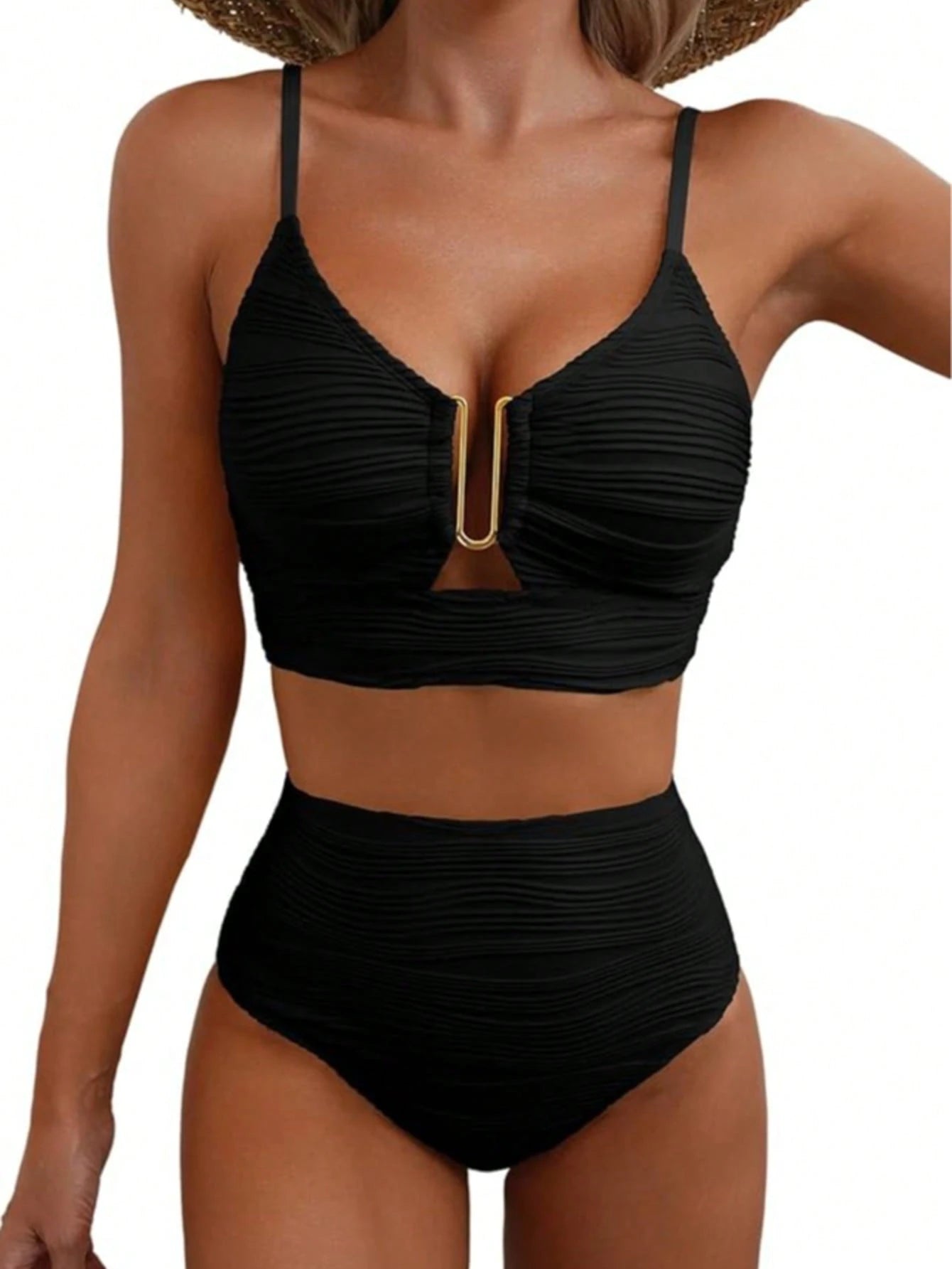 2-Piece Women Textured Ruffle Hollow Out Circle Design Swimwear Sets, Summer Beach Holiday Bikini Vacation Black, Resort Wear