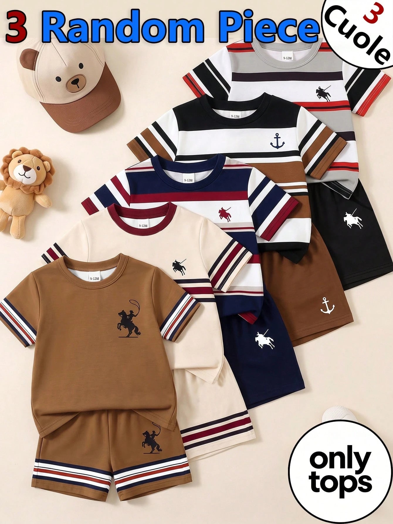 2 Random Pcs Baby Boys New Fashion Comfortable Minimalist Striped Print Short Sleeve, Design Logo Print Top, Spring/Summer Style, Summer Style