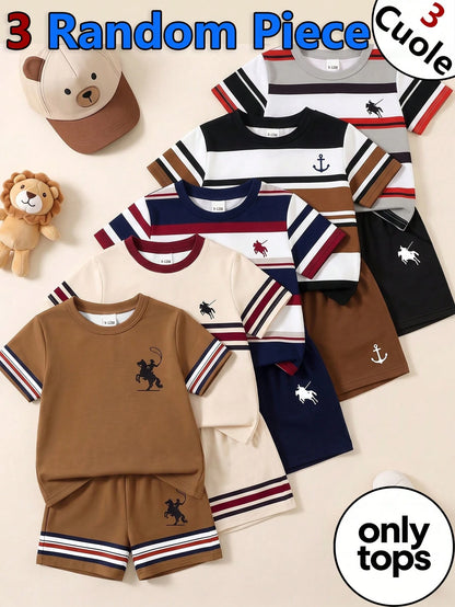 2 Random Pcs Baby Boys New Fashion Comfortable Minimalist Striped Print Short Sleeve, Design Logo Print Top, Spring/Summer Style, Summer Style