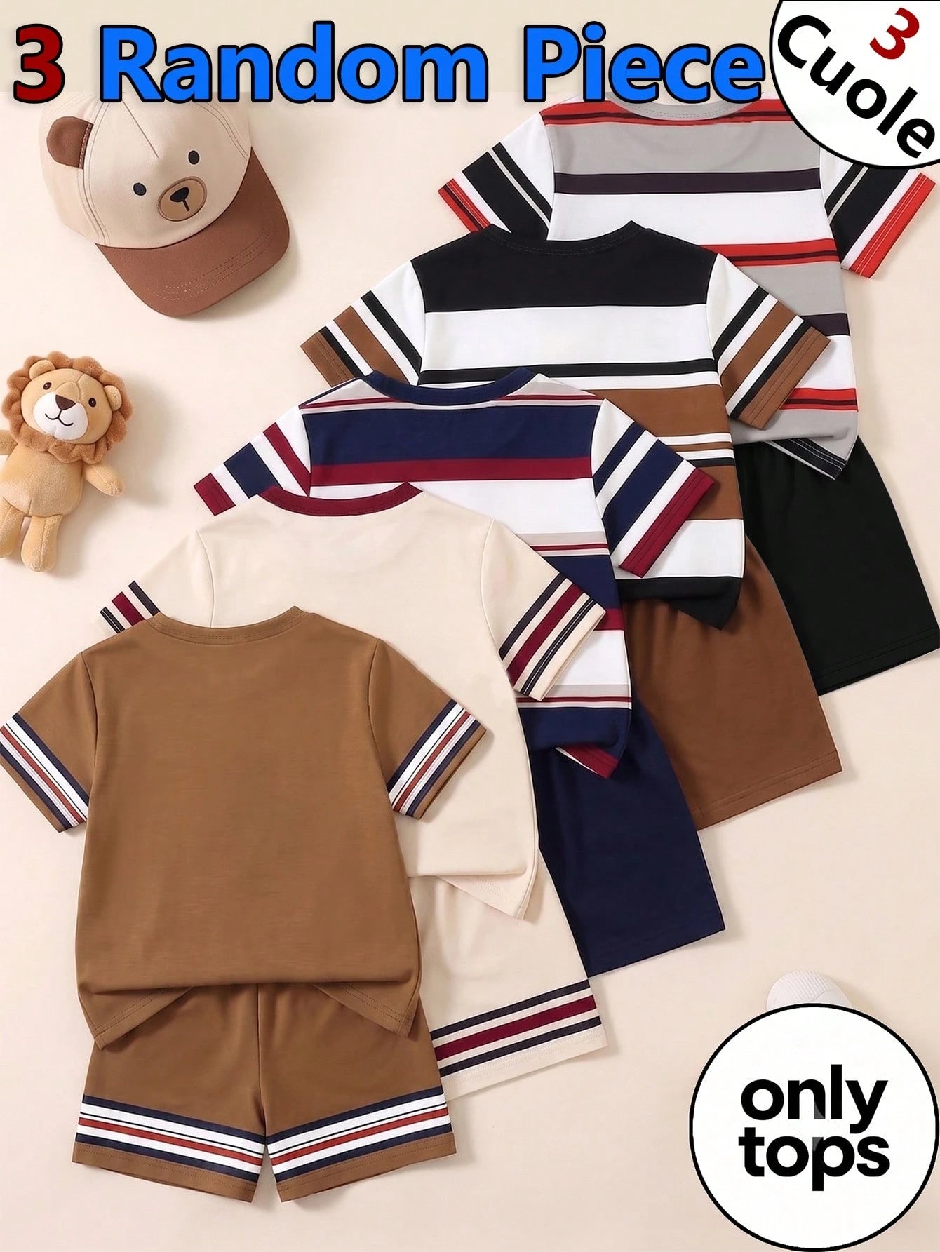 2 Random Pcs Baby Boys New Fashion Comfortable Minimalist Striped Print Short Sleeve, Design Logo Print Top, Spring/Summer Style, Summer Style