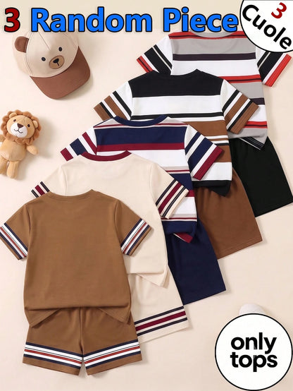 2 Random Pcs Baby Boys New Fashion Comfortable Minimalist Striped Print Short Sleeve, Design Logo Print Top, Spring/Summer Style, Summer Style