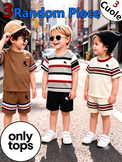 2 Random Pcs Baby Boys New Fashion Comfortable Minimalist Striped Print Short Sleeve, Design Logo Print Top, Spring/Summer Style, Summer Style