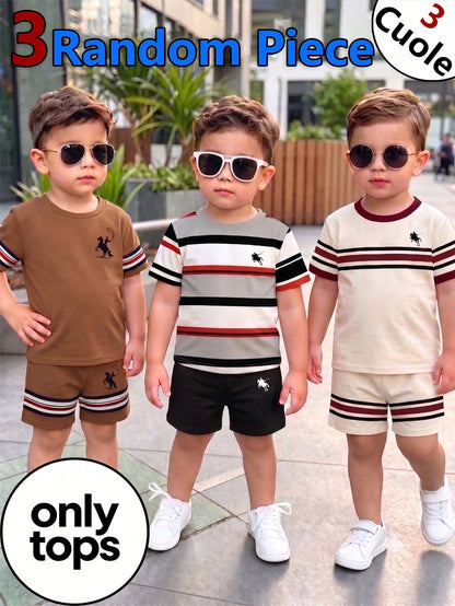 2 Random Pcs Baby Boys New Fashion Comfortable Minimalist Striped Print Short Sleeve, Design Logo Print Top, Spring/Summer Style, Summer Style