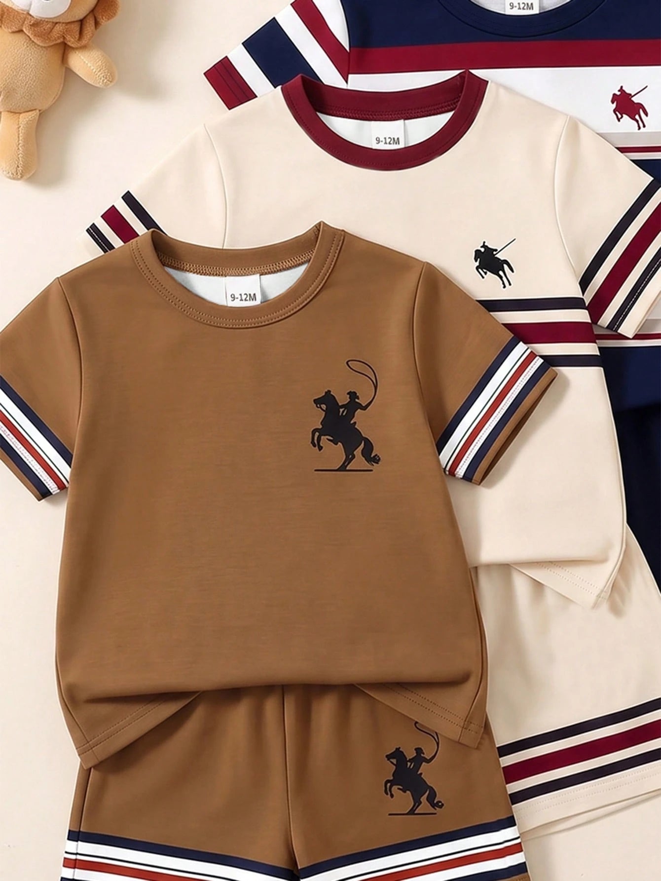 2 Random Pcs Baby Boys New Fashion Comfortable Minimalist Striped Print Short Sleeve, Design Logo Print Top, Spring/Summer Style, Summer Style