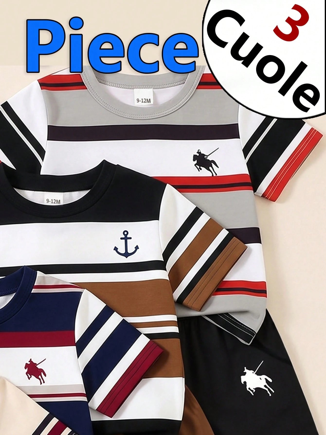 2 Random Pcs Baby Boys New Fashion Comfortable Minimalist Striped Print Short Sleeve, Design Logo Print Top, Spring/Summer Style, Summer Style