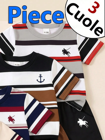 2 Random Pcs Baby Boys New Fashion Comfortable Minimalist Striped Print Short Sleeve, Design Logo Print Top, Spring/Summer Style, Summer Style